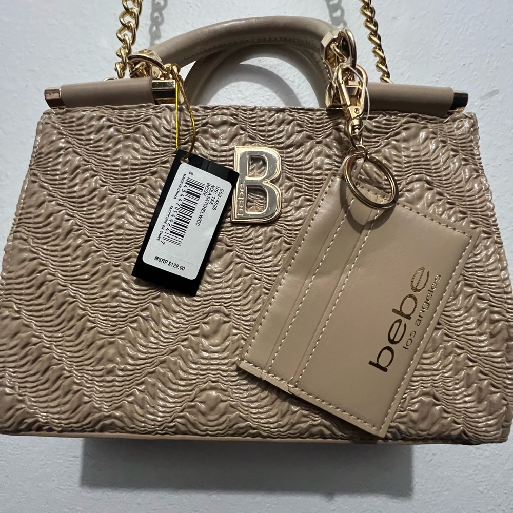 Bebe Tan Textured Satchel with Gold Accents